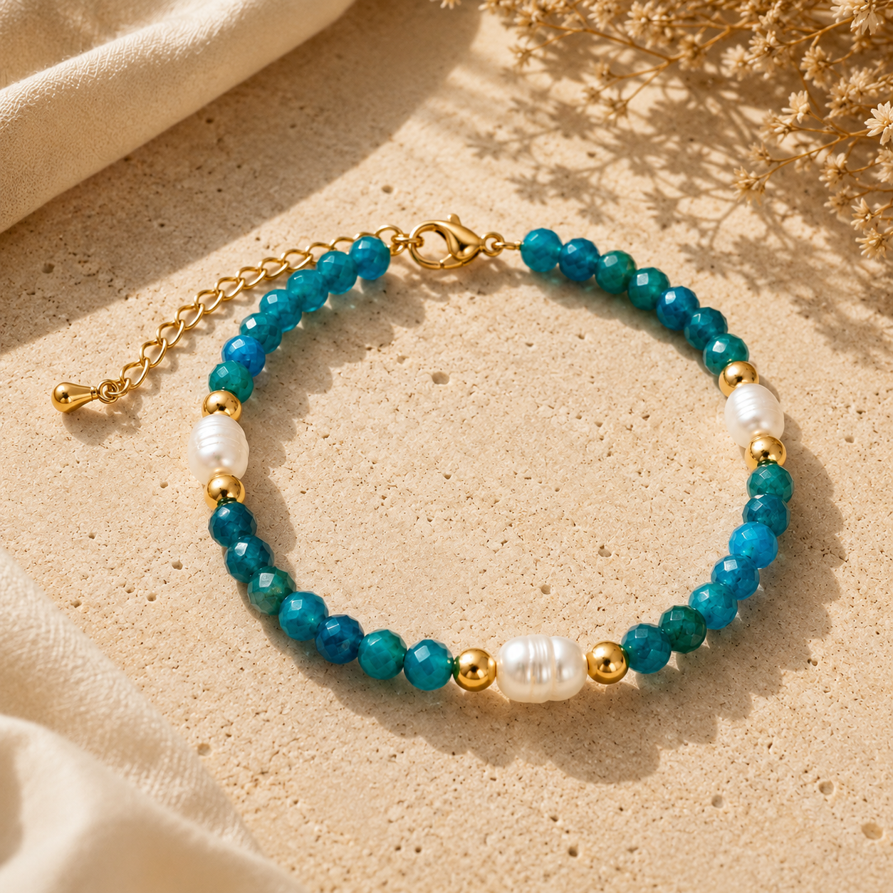 Turquoise Blue & Pearl Bead Bracelet
