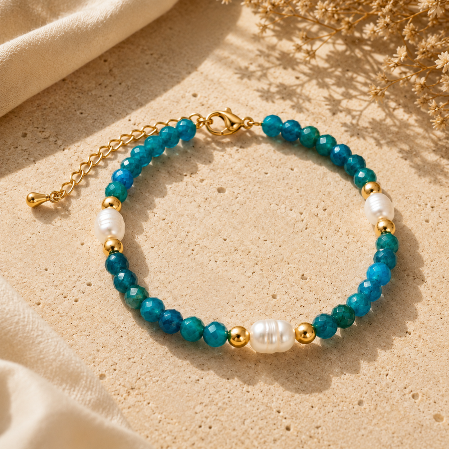 Turquoise Blue & Pearl Bead Bracelet