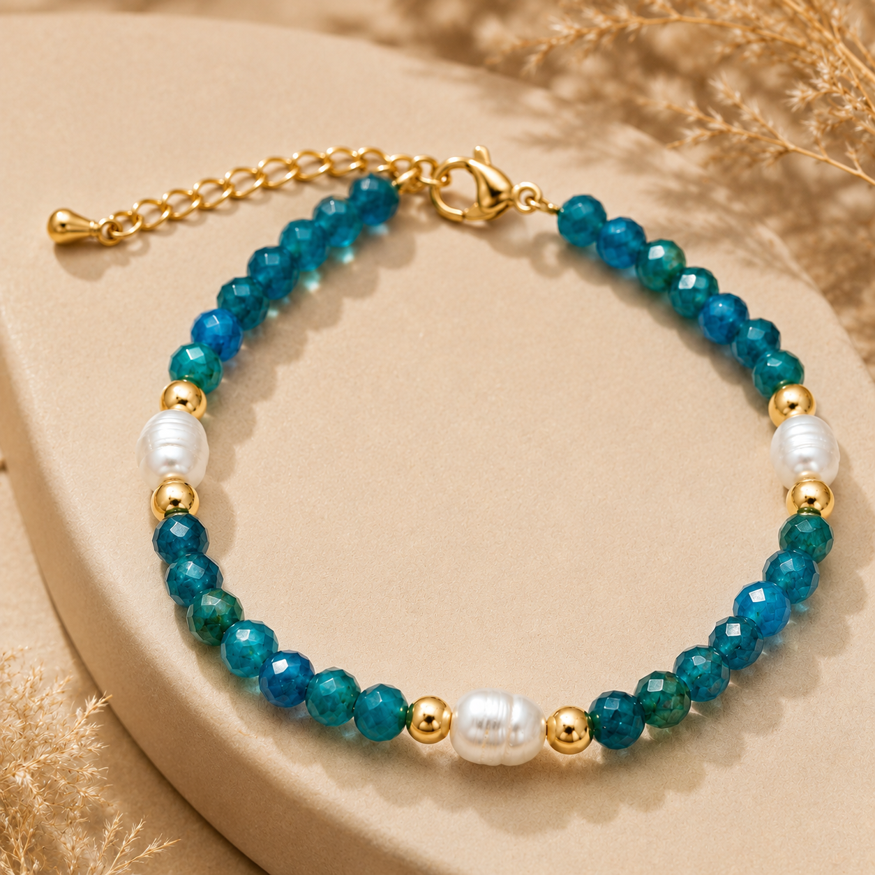 Turquoise Blue & Pearl Bead Bracelet