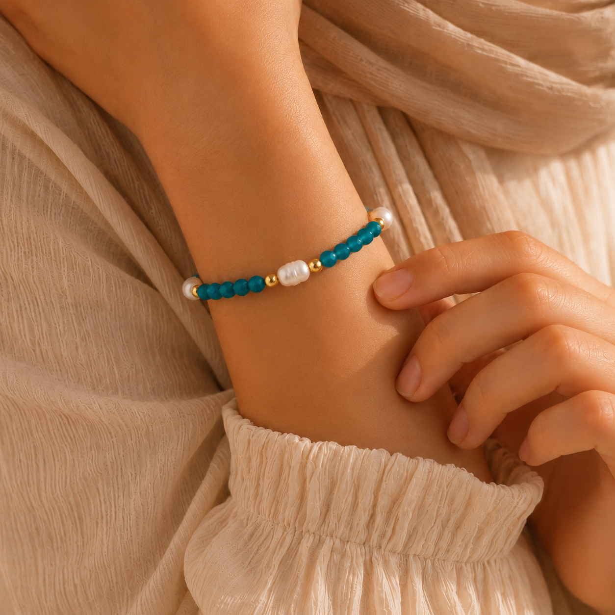 Turquoise Blue & Pearl Bead Bracelet