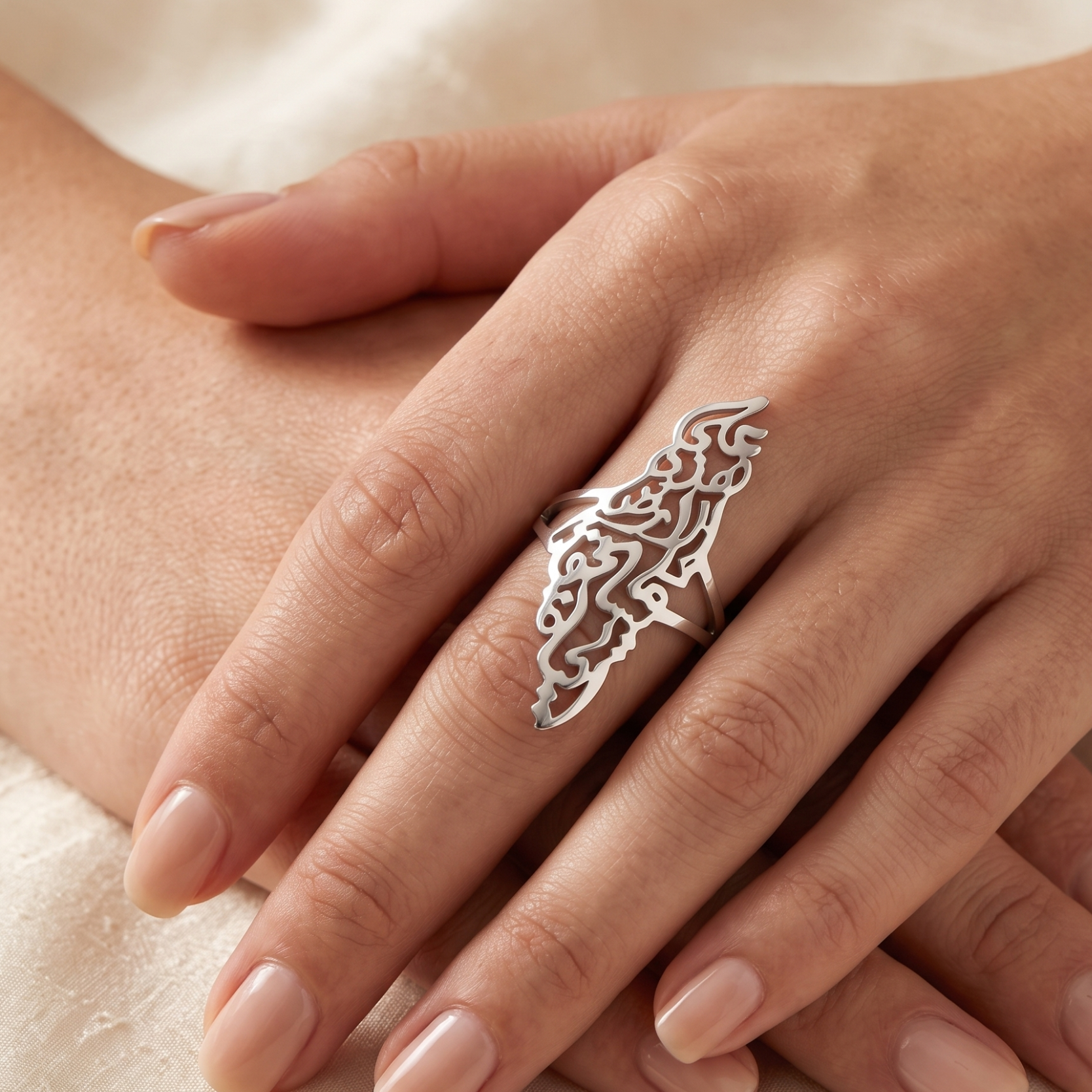Qamar Palestine Calligraphy Map Ring