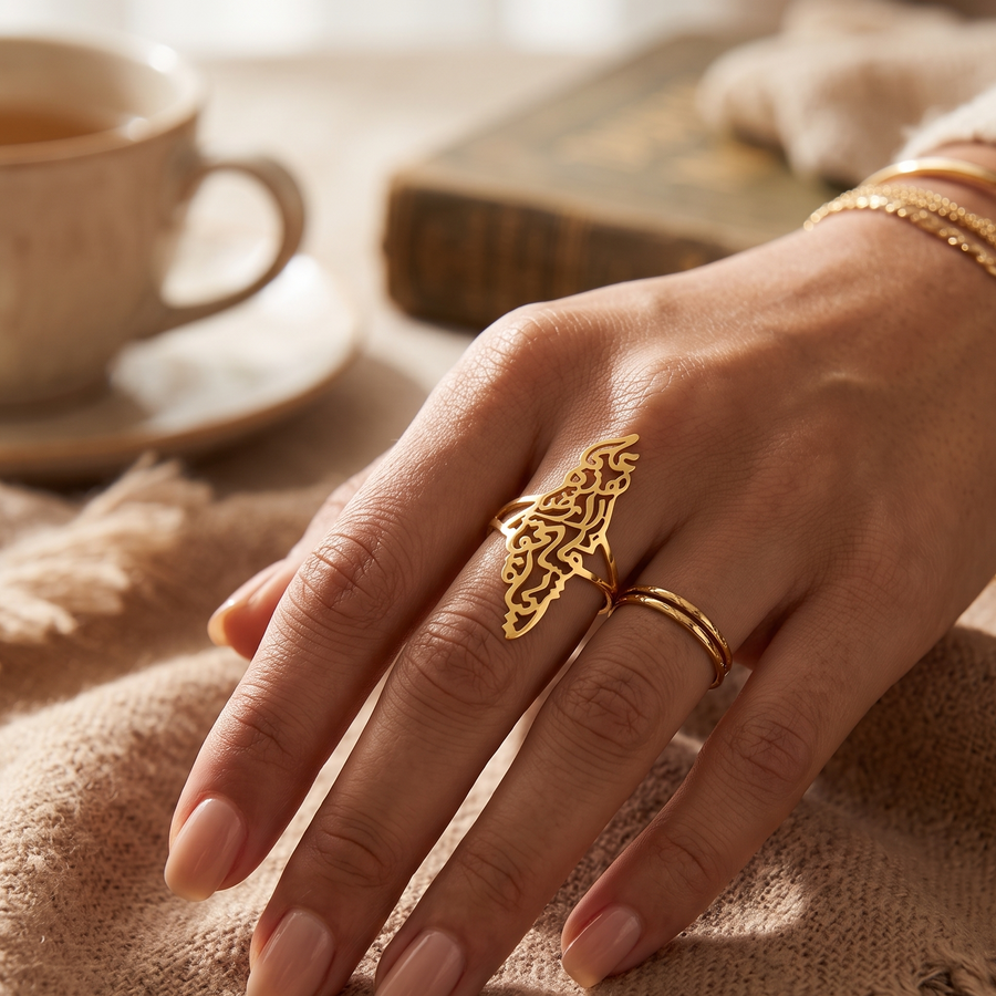 Qamar Palestine Calligraphy Map Ring